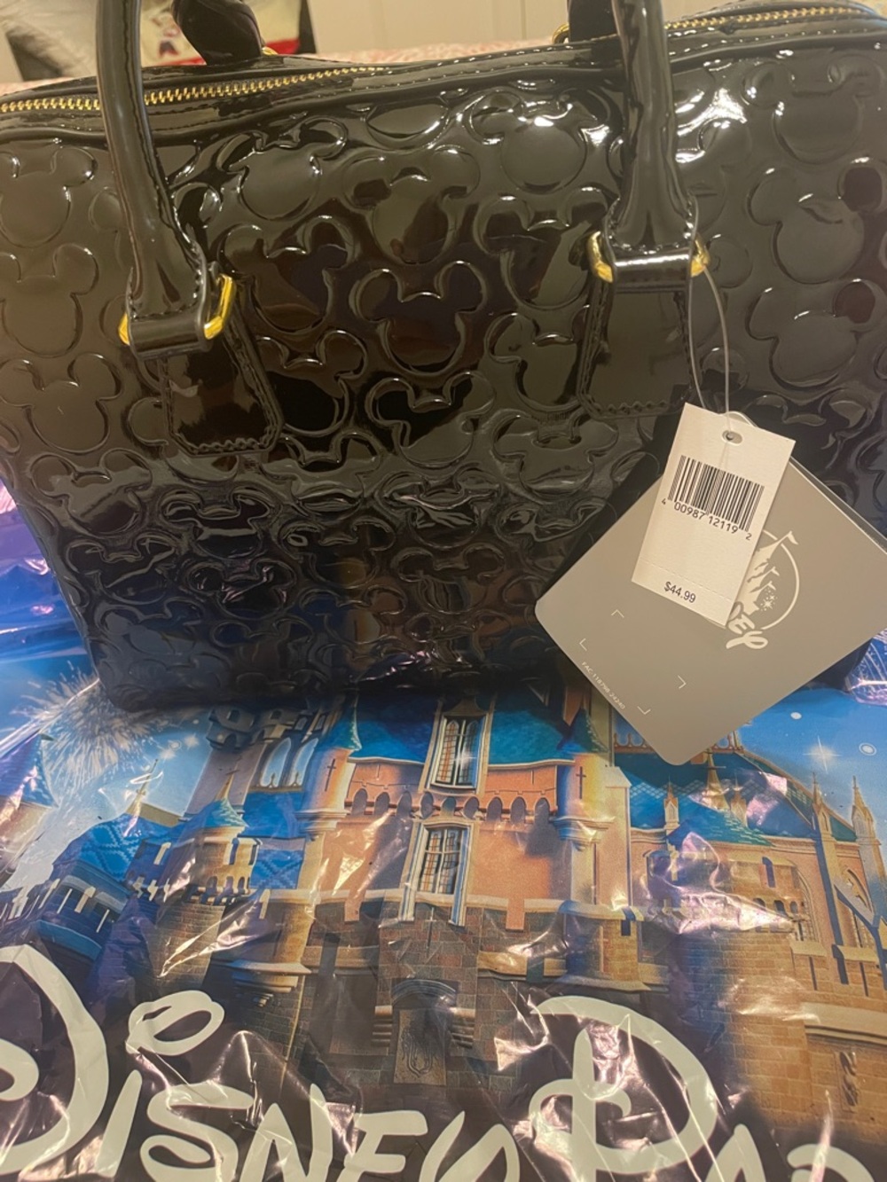 Disney Black Patent Leather Satchel with Embossed Mickey Motif.  2026 - Picture 2 of 3